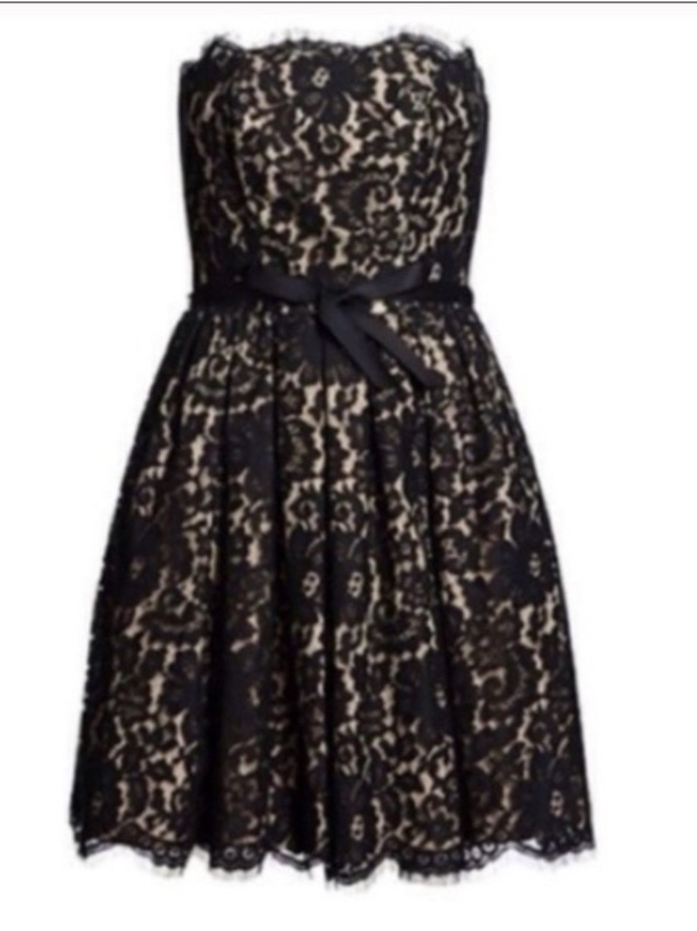 Strapless Black Lace Dress with Cream Lining and Satin Waist Bow Size 6